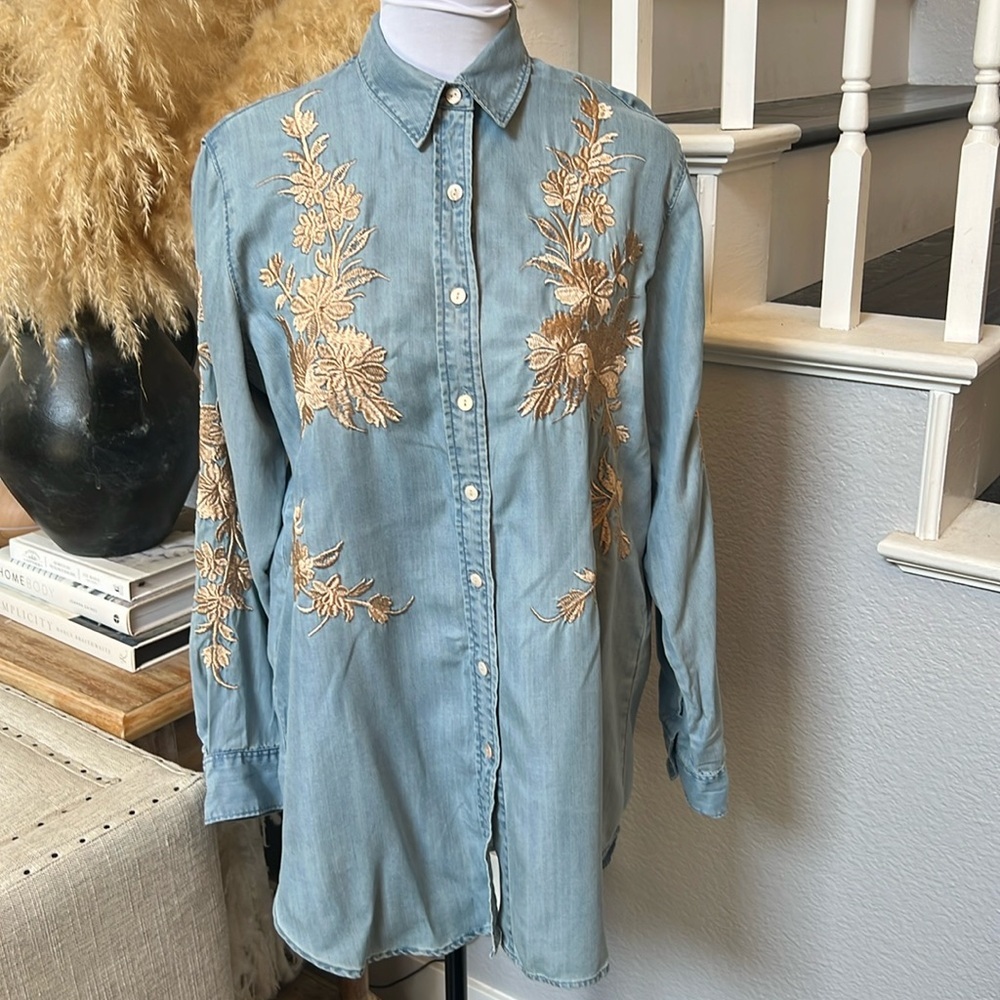Zara Embroidered Denim Gold Floral Ling Sleeve Shirt Top Size XS